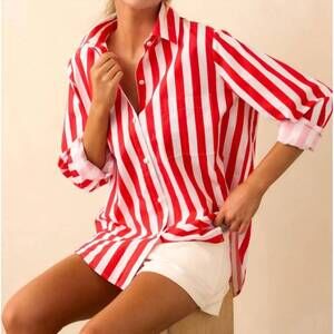 NEW PROSPERINA stripe paula button front top in cherry red